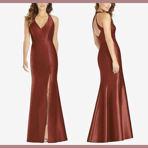 NWT $244 Alfred Sung [ 2 ] V Neck Halter Satin Trumpet Gown Auburn Moon‎